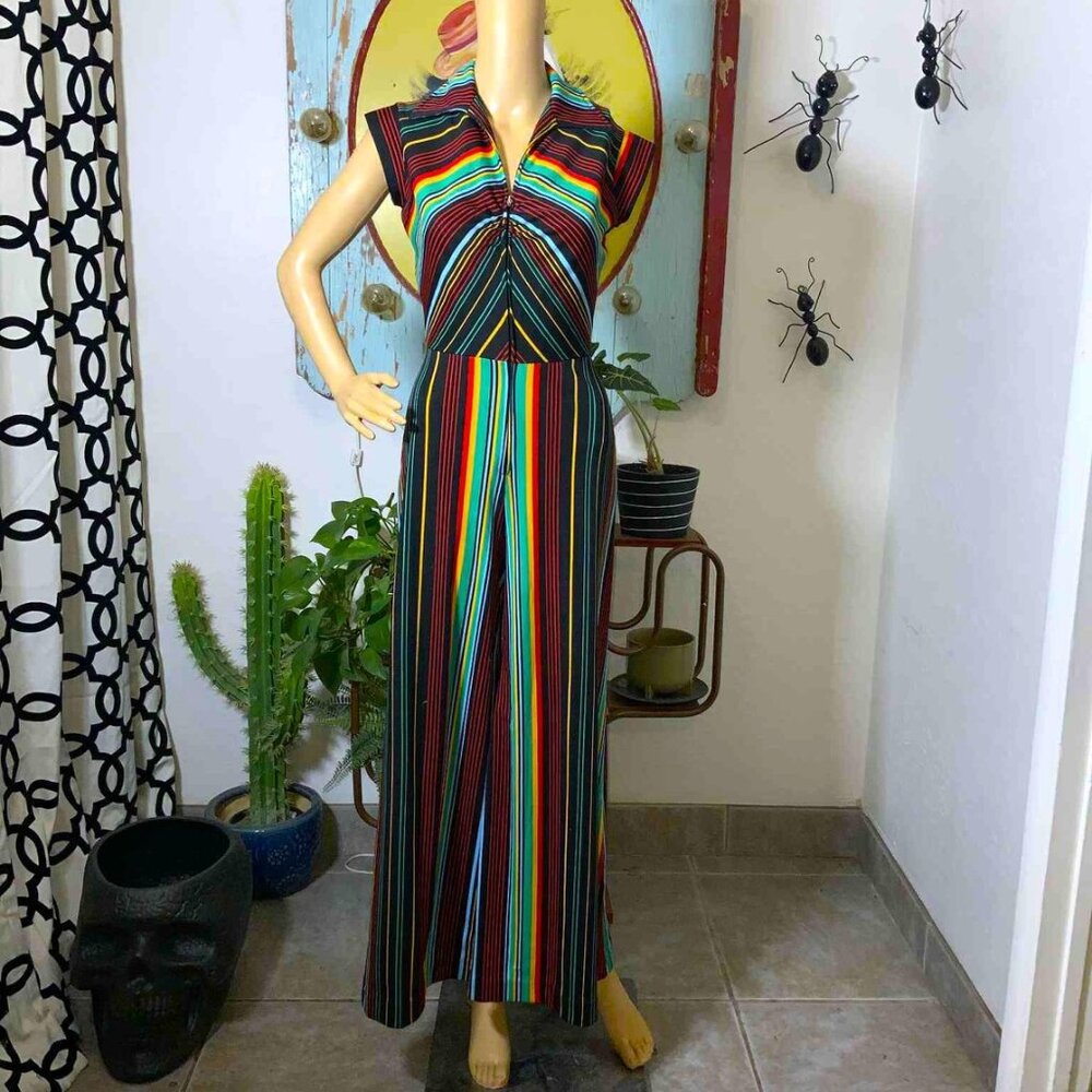 Vintage RARE 70's Rainbow Chevron Wide Leg Jumpsuit // Blanket Striped Details /